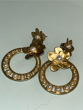 Gold Floral Hoop Earrings with Pearls - Women Jewelry